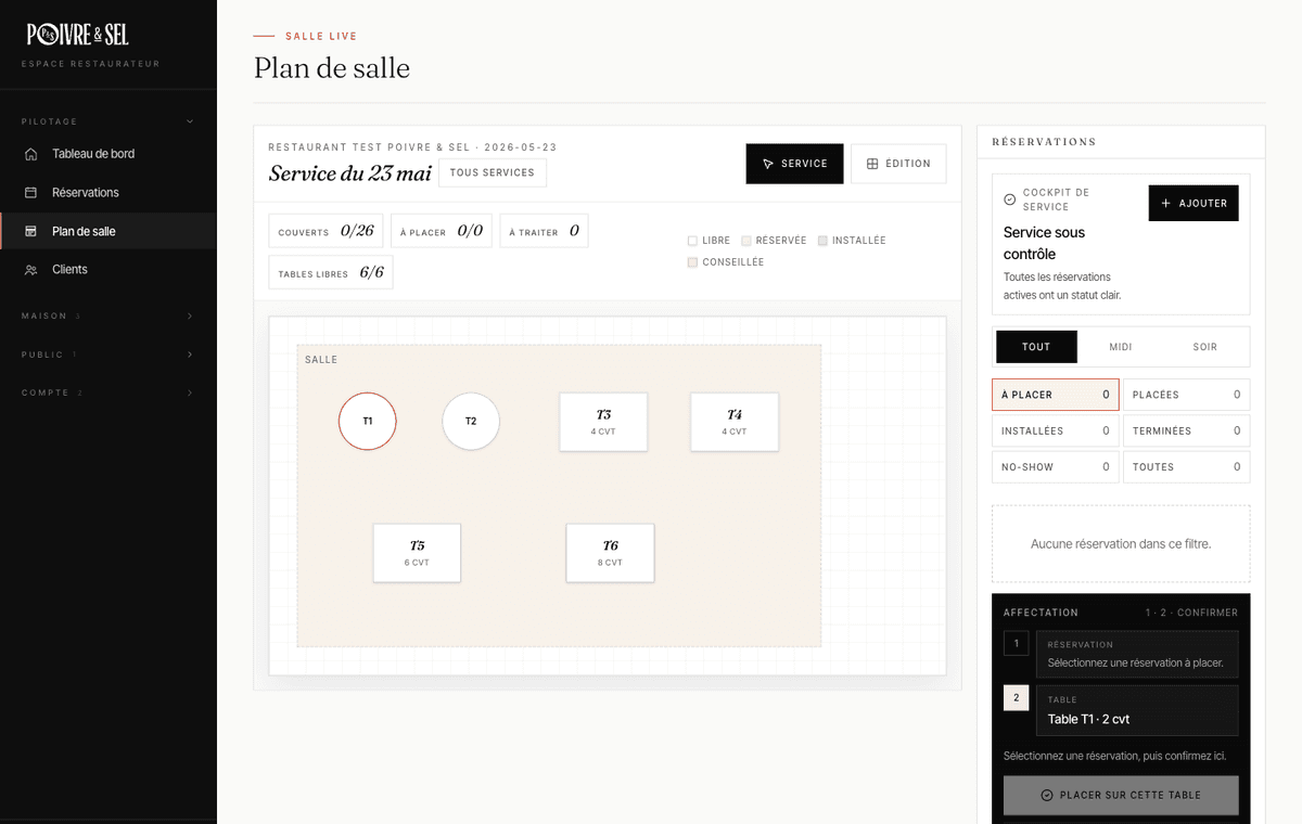 App restaurateur — L'app centralise les réservations, fiches clients, messages et notifications utiles au service.