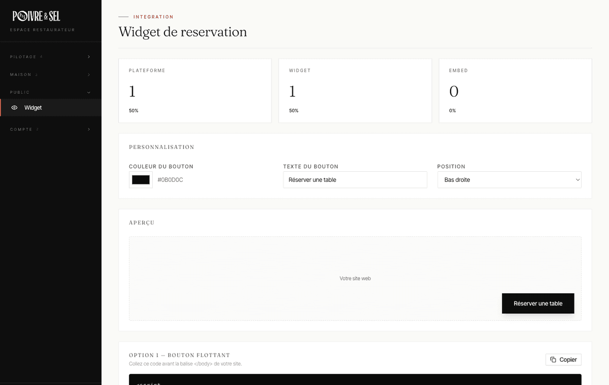 Widget ou lien — Le système vit sur Poivre & Sel, sur votre site, en bouton flottant ou en iframe intégrée.